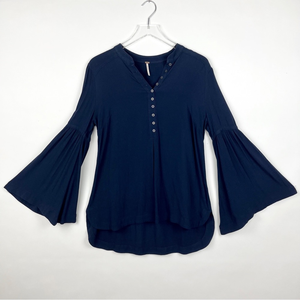 Free People Easy Girl Black Bell Sleeve 1/4 Button Tunic Blouse Top
